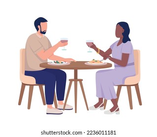 Couple on date drinking wine and eating meals semi flat color vector characters. Editable figures. Full body people on white. Simple cartoon style illustration for web graphic design and animation