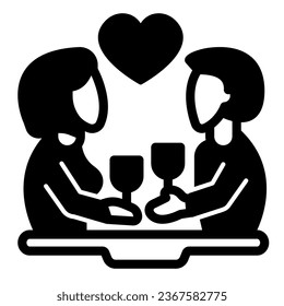 Couple on date, with glasses at the table and heart solid icon, love concept, dating vector sign on white background, glyph style icon for mobile concept and web design. Vector graphics