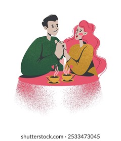 Casal na data. Feliz homem e mulher no café bebendo café. Encontro romântico no interior. Data do namoro. Namorado e namorada juntos no restaurante. Ilustração isolada de estilo plano de desenhos animados vetoriais