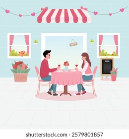 Couple on a date having dinner at a cafe sweet love valentine cartoon cute illustration design