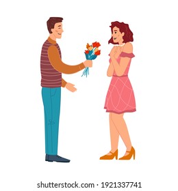 Couple on date, man giving flowers to surprised woman. Isolated boyfriend and girlfriend amazed from present. Guy holding bouquet of tulips. Happy lady. Cartoon characters, vector in flat style