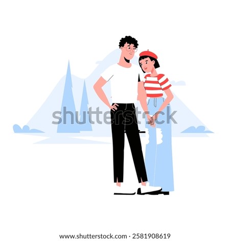 Couple On A Date Outdoors In Flat Vector Illustration Symbolizing Love, Affection, And Romantic Getaway, Isolated On White Background