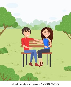 Couple on date in park or forest sitting on bench. Man and Woman happy together and smiling. Trees with green krone. Vector illustration in flat style