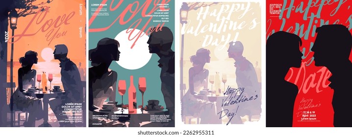 A couple on a date in a restaurant. Sunset. Kiss. Set of vector illustrations. Flat design. Typography. Background for a poster, t-shirt or banner.