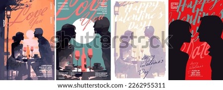A couple on a date in a restaurant. Sunset. Kiss. Set of vector illustrations. Flat design. Typography. Background for a poster, t-shirt or banner.