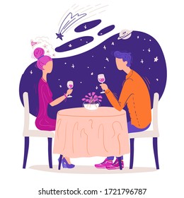 Couple on a date in a restaurant. Vector illustration with man and woman having dinner at the restaurant. Romantic date night concept illustration. Vector EPS 10.