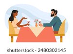 Couple on a Date in a Restaurant. Wife and Husband Having Romantic Dinner with Glasses of Red Wine. Flat Vector Illustration.