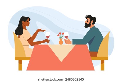 Pareja en una cita en un restaurante. Esposa y marido teniendo una cena romántica con copas de vino tinto. Ilustración vectorial plana.