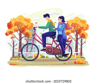 Couple on a date riding a bicycle in the mid of autumn. Flat vector illustration