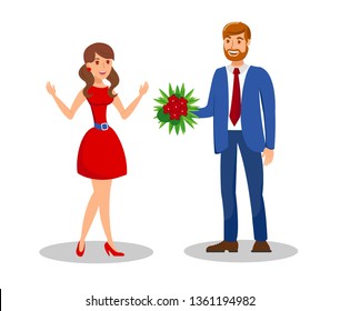 Couple on Date, Romance Flat Color Illustration. Woman in Dress and Man with Flowers Bouquet Cartoon Characters. Birthday, Anniversary Greeting. Relationship, Prom Night Valentine Day