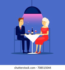 Couple on a date sitting in a restaurant. Flat design vector illustration.