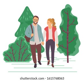 Couple on date, spend leisure time together in park. Man and woman hold each other hands and walking through forest. Beautiful summer landscape with green trees. Vector illustration in flat style