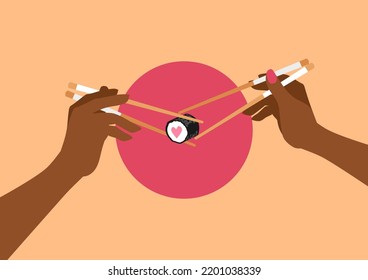 Couple on a date at a sushi bar. Hands holding chopsticks. Maki roll with heart symbol inside