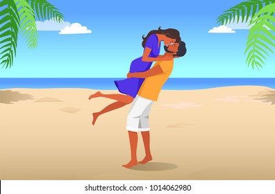 Couple on date at tropical beach with tall palms, blue ocean, white sand and sky with clouds. Man lifts girlfriend and kisses her vector illustration.