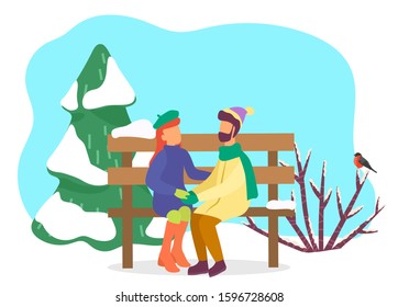 Couple on date in winter park. Man and woman wearing warm clothes hugging sitting on wooden bench covered with snow. Frosty weather in forest with bullfinch on branches of bush. Vector in flat