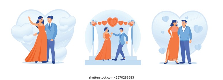 A couple on a date. Young couple getting married. Men and women wear suits and dresses decorated with heart shapes. Family lifestyle activity concept. Set flat vector illustration.