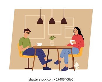 Couple on dating. Geek man and woman sitting on cafe table and drink coffee or tea. Romantic date, first meeting girl boy vector concept