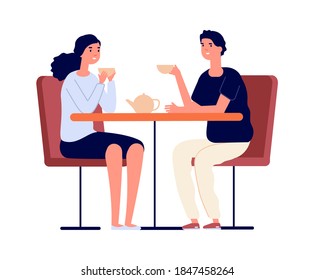 Couple on dating. Man woman drink tea and conversation. Friends meeting, girl boy in love in cafe or restaurant isolated vector characters