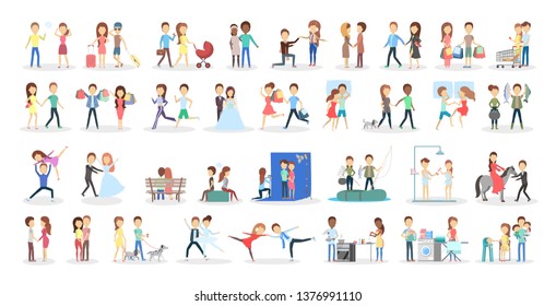 Couple on different activity set. Man and woman cooking together, walking a dog and watching TV. Young family at home. Isolated flat vector illustration