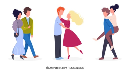 Couple on different activity set. Woman and man are in love. Lovers spending time together. Isolated flat vector illustration