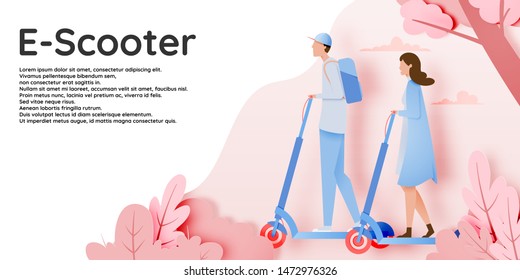 A couple on electric scooter in the city with natural and tree background and pastel paper art style vector illustration