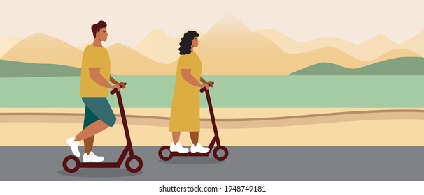 Couple on an electric scooter. Flat vector stock illustration. Travel scooter. Man and woman driver. Panorama with place for text. Nature and e-scooter. Illustration for design