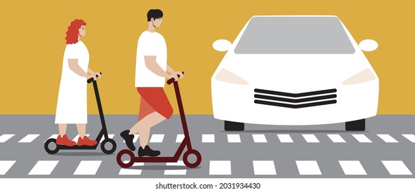 Couple on an e-scooter in the urban. Flat vector stock illustration. Young man and woman on a scooter. Eco-friendly transport. The car, Electric scooter bike path. Vector graphics