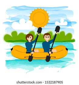 Couple on a floating boat over a tropical boat - Vector