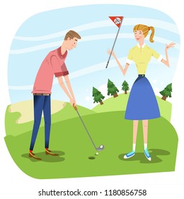 Couple on golf course, man about to hole a ball, woman holding flag (vector illustration)
