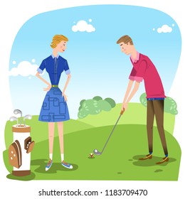Couple on golf course, man about to hit a tee shot, woman with golf bag (vector illustration)