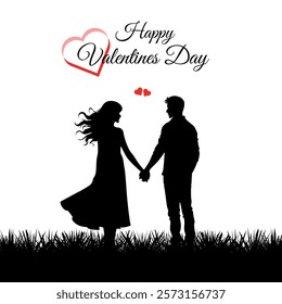 Couple on a grassy field with valentine's day celebration in black and white silhouette.