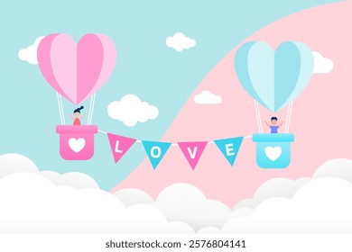 Couple on heart-shaped hot air balloons connected by a “LOVE” banner floating in the sky. A whimsical design for romantic events, Valentine’s Day, weddings, or love themes.