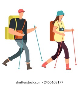 couple on a hike with walking poles