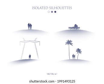 Couple on hill. Lovers silhouette. Dating place. Isolated element set