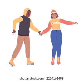 Couple on ice skating date semi flat color vector characters. Editable figures. Full body people on white. Pair skating. Simple cartoon style illustration for web graphic design and animation