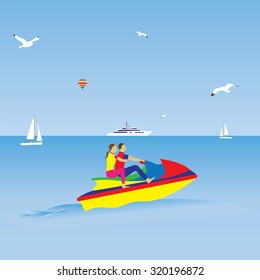 Couple on a jet ski. Summer vacation. Water sports. Illustration, elements for design.