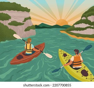 Couple on kayak rowing down to river on sunset. Water adventure sport vector posters set. Man and woman rafting, kayaking, canoeing, holding paddles. Nature landcape