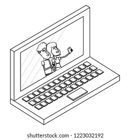 Couple on laptop screen isometric concept in black and white