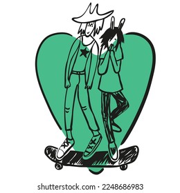 couple on longboard. two teenagers who love to ride together. Huge heart on the background of lovers