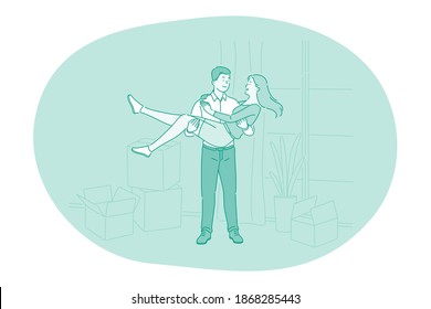 Couple on Love, togetherness, dating concept. Happy young loving boyfriend holding his smiling girlfriend on hands during dating outdoors. Date, romance, people in love illustration 