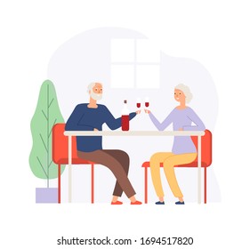 Couple on meeting. Elderly people on restaurant drinking wine. Happy husband and wife, old man woman spend time together. Grandparents celebrates anniversary or birthday vector illustration