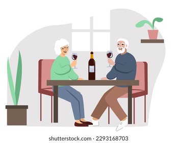 Couple on meeting. Elderly people on restaurant drinking wine. Happy husband and wife, old man woman spend time together. Grandparents celebrates anniversary or birthday vector illustration