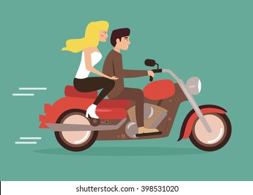 Couple on a motorcycle. Vector isolated illustration. Cartoon character. 