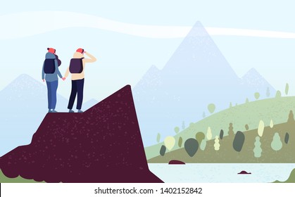 Couple on mountain. Happy woman, man climbers. Female hikers standing on rock look mountain landscape. Trekking outdoor vector concept