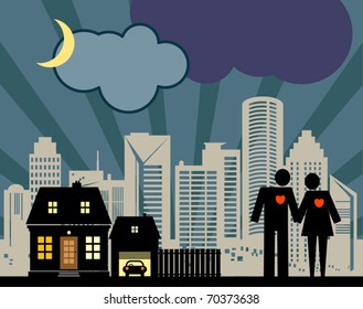 Couple on the night city background, vector illustration