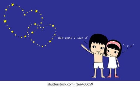 Couple on the night sky with shining stars, illustration.
