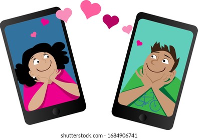 Couple on a online date communicating via smartphones, EPS 8 vector illustration