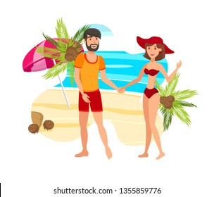 Couple on Paradise Island Flat Color Illustration. Man and Woman in Beachwear Cartoon Characters. Summer, Romantic Vacation on Exotic Tropical Resort. Stroll on Sunny Sea Shore. Travel, Tourism