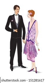 Couple on party. Man and woman in cocktail dress in vintage style 1920's. Portrait of an attractive flapper girl with her boyfriend. Retro fashion vector illustration isolated on white background.