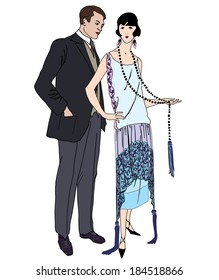 Couple on party. Man and woman in cocktail dress in vintage style 1920's. Portrait of an attractive flapper girl with her boyfriend. Retro fashion vector illustration isolated on white background. 